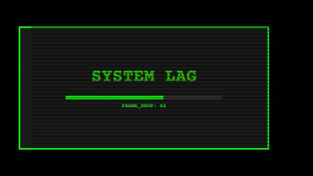 Digital system lag simulation with progress bar filling and frame drop counter increasing, glitch effect, representing technical issues, buffering, and slow performance, for technology and gaming