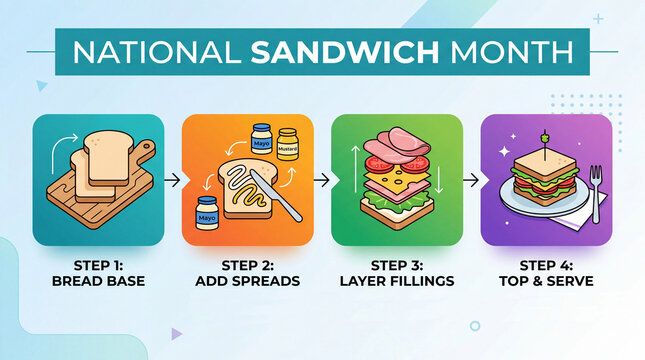 National Sandwich Month flat vector infographic showing four sandwich assembly steps with minimalist line icons on a clean gradient background
