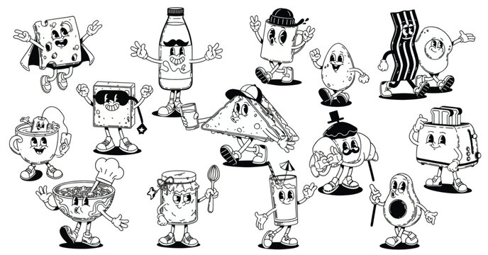 Set of cute cartoon food characters in retro vintage rubber hose style with happy faces and expressive limbs