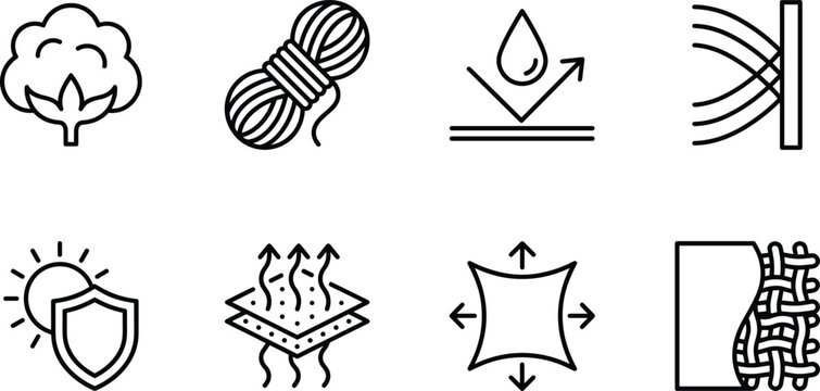 Fabric properties and textile characteristics line art icon set featuring cotton yarn waterproof breathable and stretch vectors