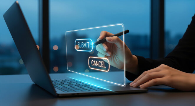 Futuristic holographic interface on laptop, hand clicking submit button with stylus pen, digital user experience concept