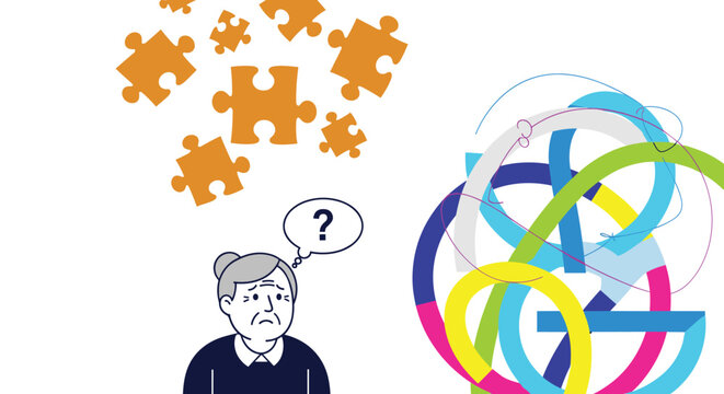 Confused elderly woman with floating puzzle pieces and tangled lines, illustrating memory loss and cognitive decline.