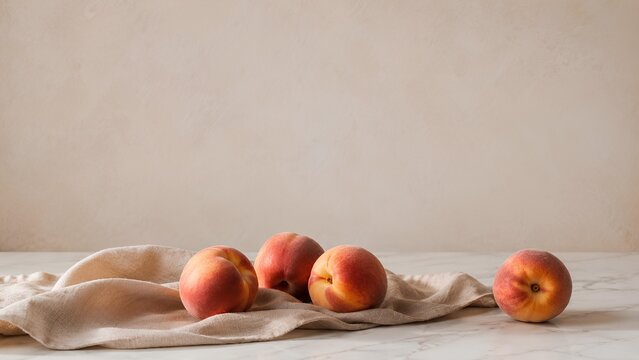 大理石のカウンターに並ぶ新鮮な桃 / Fresh peaches arranged on a marble counter (Generative AI)