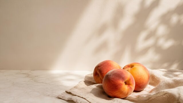 大理石の上に置かれた三つの完熟した桃 / Three ripe peaches sitting on a marble surface (Generative AI)