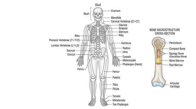 The human skeleton and bone microstructure diagram shows a detailed illustration of the body's skeletal system and a close-up of a bone's internal structure.