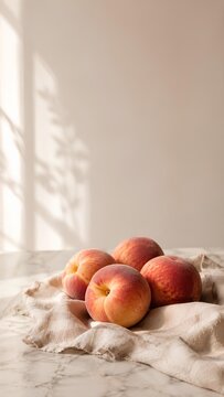 窓からの木漏れ日が差す大理石の上の桃 / Peaches on marble under soft leaf shadows from a window (Generative AI)