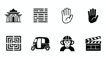Mixed icon set vector illustration featuring temple building text paragraph hand gesture rickshaw monkey and movie clapperboard on white background © REBEKA