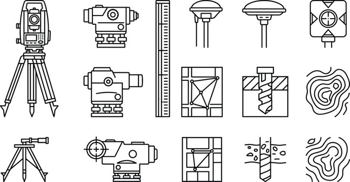 Land surveying and geodetic measurement line art icon set featuring total station tripod level and topography maps