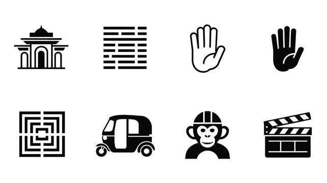 Mixed icon set vector illustration featuring temple building text paragraph hand gesture rickshaw monkey and movie clapperboard on white background
