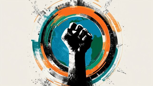Raised fist of unity for Nelson Mandela International Day with vibrant justice and peace symbols