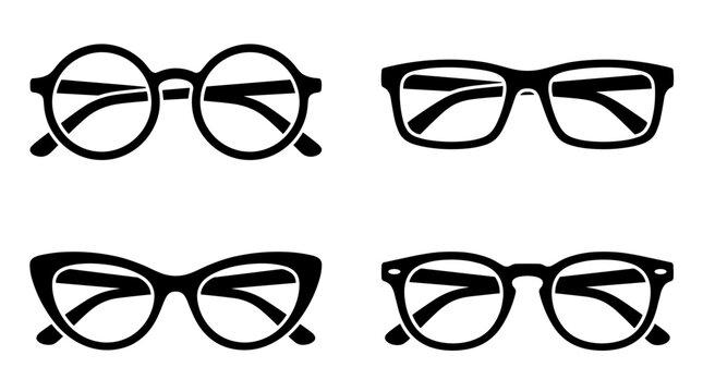 Black Eyeglasses Silhouette Icons Pack, Round, Square, Cat Eye, Wayfarer Glasses Frames Flat Vector Symbols Isolated White