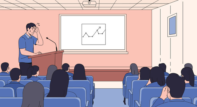 Nervous speaker standing at a podium and wiping sweat from his forehead during a public presentation to a large sitting audience.