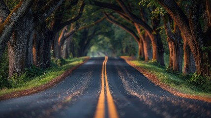 Naklejka premium Quiet Tree Lined Road Through Rolling Countryside Creating Relaxing Natural Travel Destination 