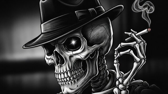 Black and white illustration of skeleton smoking with hat.