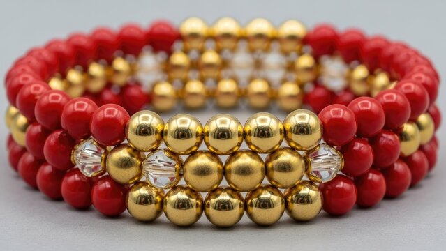 Elegant red and gold beaded multi-layer bracelet.