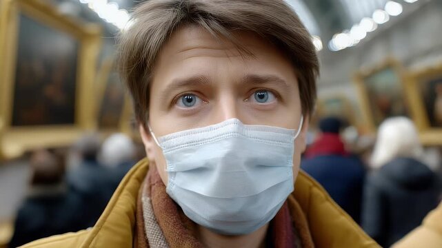 Man wearing protective face mask in crowded public transport showing concerned expression