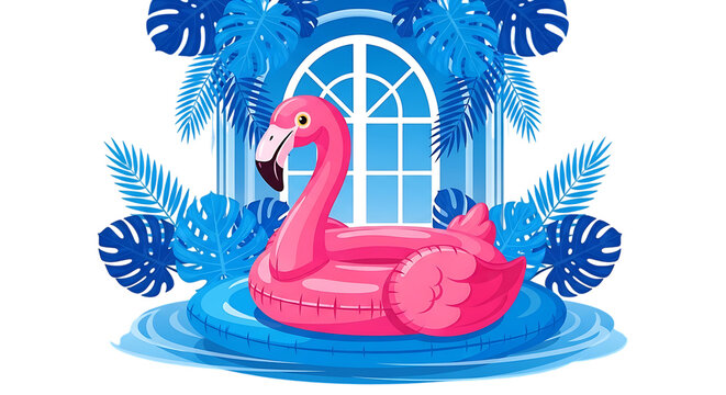 Pink flamingo pool float in a blue water splash with tropical palm leaves and a window frame, summer vacation concept on a white background, png. ai generated isolated on a transparent background