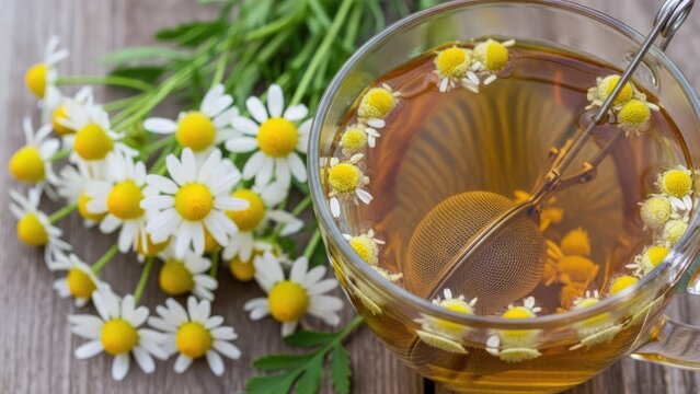 Chamomile herbal tea in glass cup with flowers.