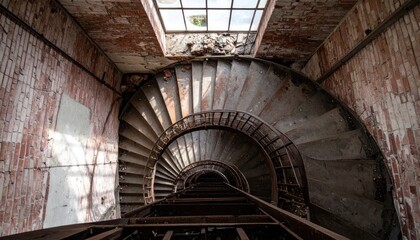 Obraz premium Old spiral staircase in abandoned industrial brick building interior.