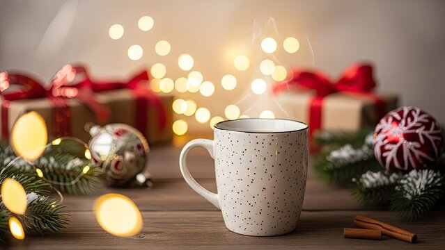 Christmas mug with festive decorations and glowing lights.