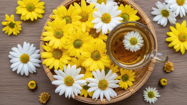 Chamomile tea cup with fresh daisy flowers.
