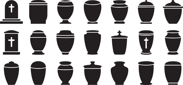 Collection of funeral urns and grave markers isolated on transparent background black silhouettes for memorial service items.
