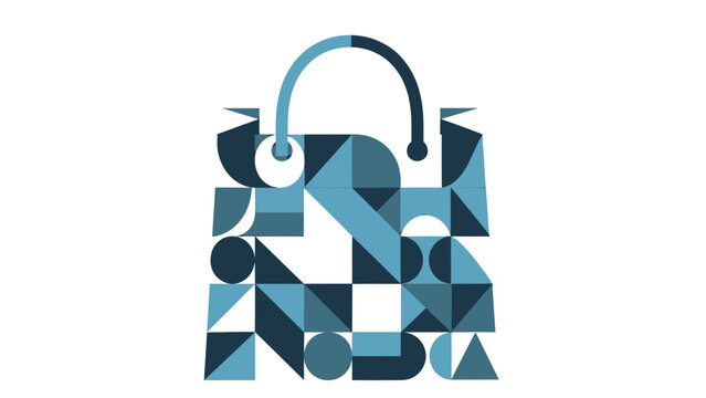 Geometric shopping bag formed from various shades of blue shapes
