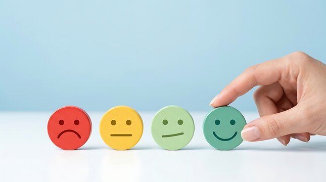 Hand selecting a green happy face emoticon from a row of wooden feedback rating icons on a light blue background for customer satisfaction