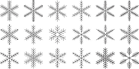 Black snowflake set on transparent background for winter holiday decoration merry christmas greeting cards and new year celebration. © Kamrun82