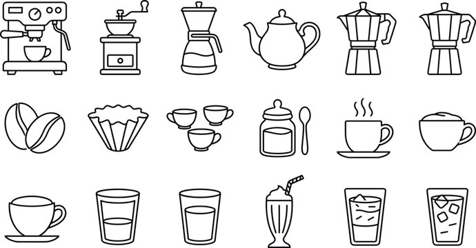 Coffee shop and brewing equipment line art icon set featuring espresso machine moka pot grinder and beans
