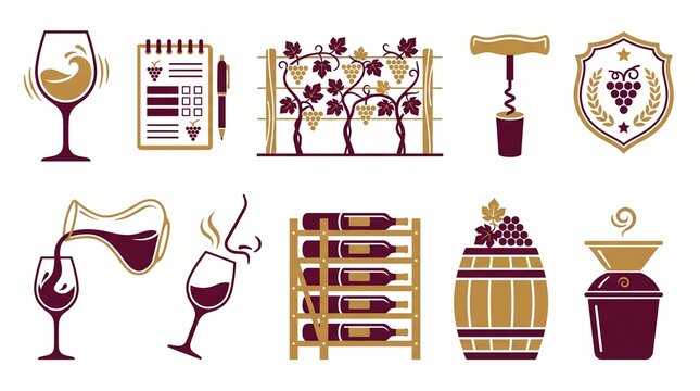 Wine Tasting Sommelier Flat Icon Set for Vineyard Brand Design