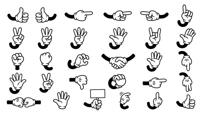 Set of cartoon gloved hand gestures showing various signs and expressions for character design and animation projects