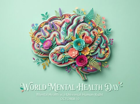 World mental health day conceptual paper art brain decorated with diverse blooming flowers and leaves, blooming