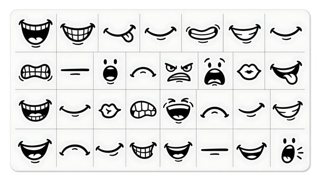 Set of cartoon mouth expressions showing various human emotions like joy, anger, surprise, and sadness for character design