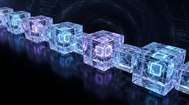  blockchain concept with transparent glowing crypto blocks and cryptography hash code in space.