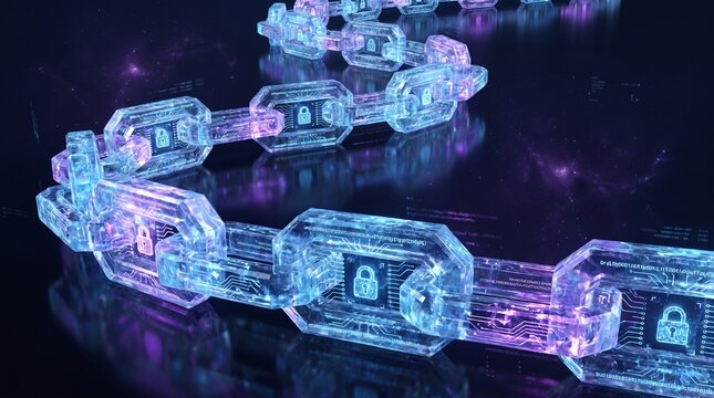 futuristic glowing blockchain with digital locks representing cryptocurrency security and cryptography.