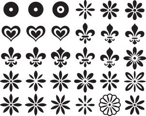 Collection of various floral icons and heraldic symbols including stylized flowers fleur de lis and heart shapes in flat black. © Kamrun82