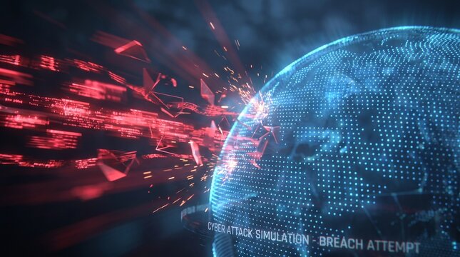 Cyber attack simulation showing a digital globe being breached by malicious red data streams.