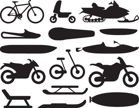 Transportation set containing silhouettes of bicycles scooters snowmobiles surfboards and motorcycles for recreational sports.