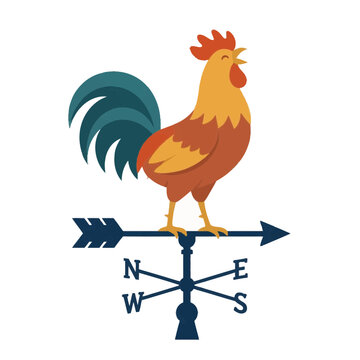 Colorful stylized rooster weather vane illustration featuring a bright cockerel perched on a directional arrow with compass points North, East, South, West on white background.