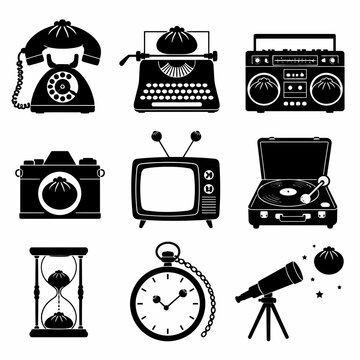 Set of black and white vintage icons featuring a rotary telephone, typewriter, boombox, camera, television, record player, hourglass, pocket watch, and telescope with dumpling motifs.
