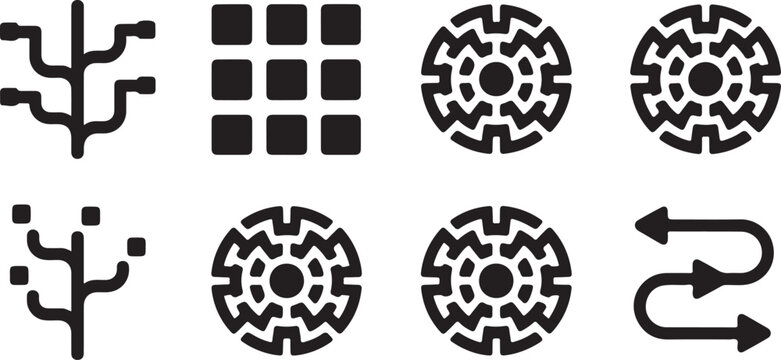 Abstract geometric icons including grid patterns nodes circular flow charts and directional arrows on transparent background set.