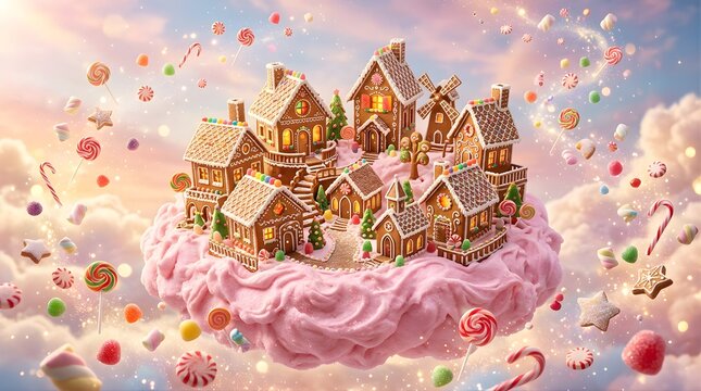 Magical Gingerbread Village Floating on a Pink Candy Cloud in the Sky