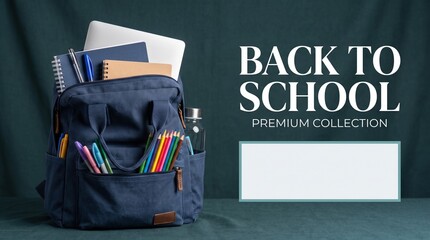 Back to school premium collection banner, navy blue backpack with stationery and laptop, academic supplies on dark green background with copy space © Gan
