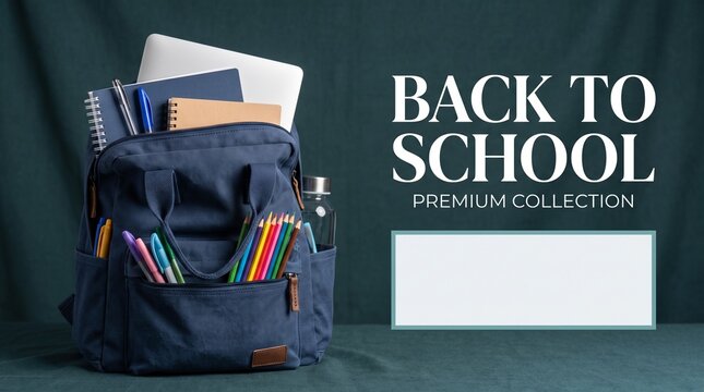 Back to school premium collection banner, navy blue backpack with stationery and laptop, academic supplies on dark green background with copy space