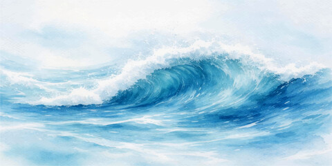 Fototapeta premium Stunning watercolor ocean wave painting with deep blue flowing water, crashing white foam, abstract coastal seascape, soft marine background and gentle pale sky.