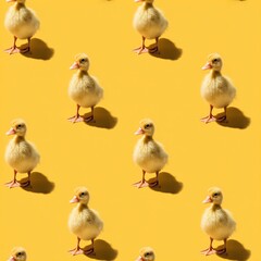 Fototapeta premium Adorable baby ducklings standing on yellow background with shadows in a pattern