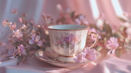 Fototapeta premium Elegant floral teacup with pink blossoms on silky pink fabric background