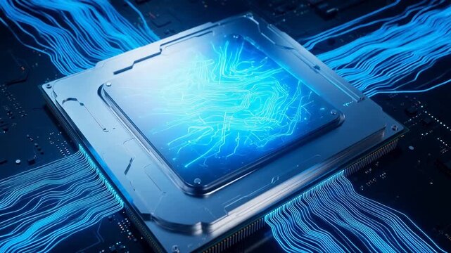 Close-up of a glowing blue microprocessor with intricate circuit patterns on a high-tech motherboard