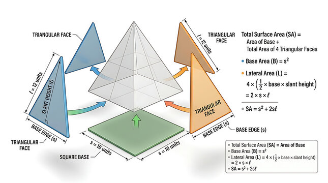 Geometric shapes illustrate pyramid structure with triangular faces and square base